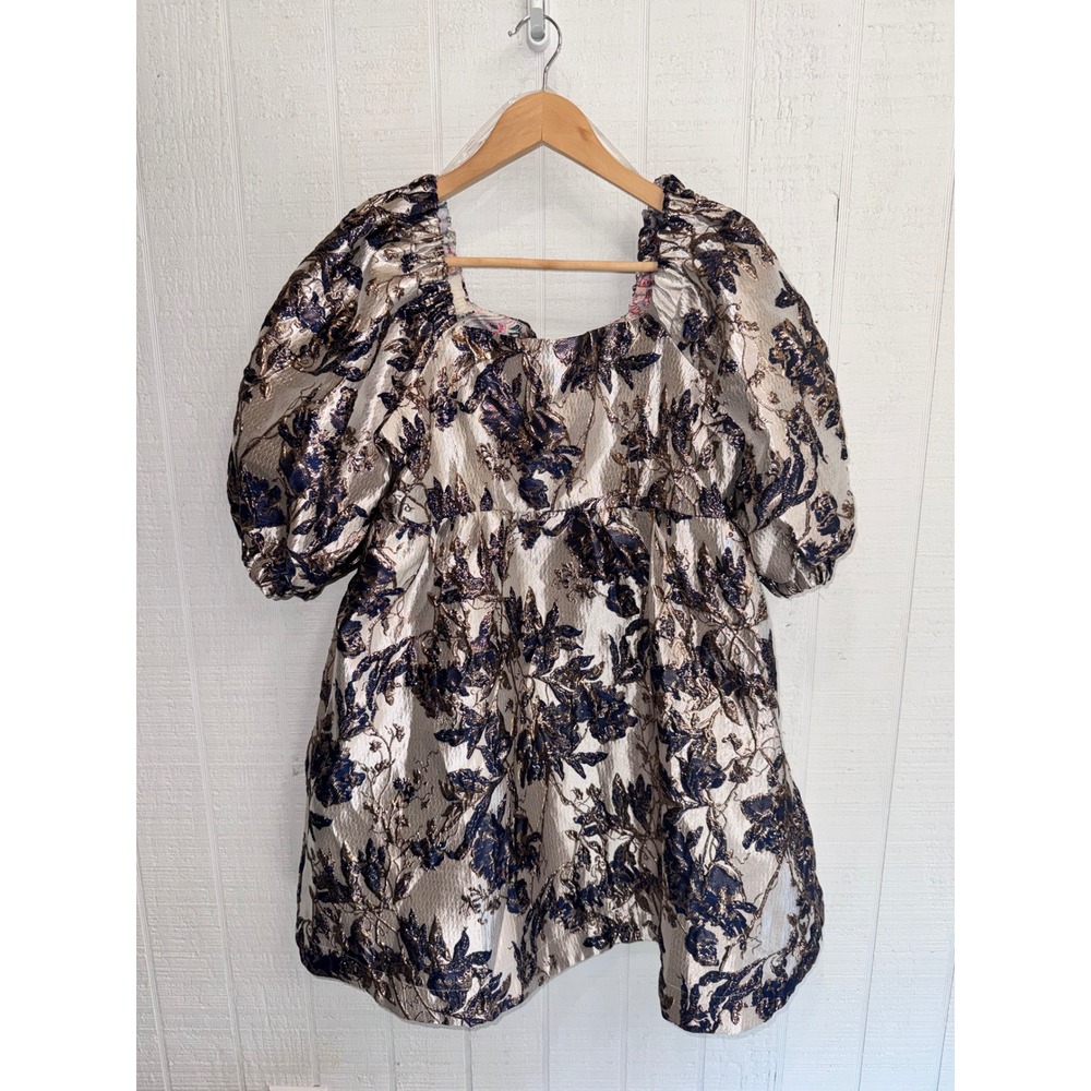 Umgee Babydoll Dress/Tunic Navy Gold Floral Metallic Puff Sleeve Mini NWT Small